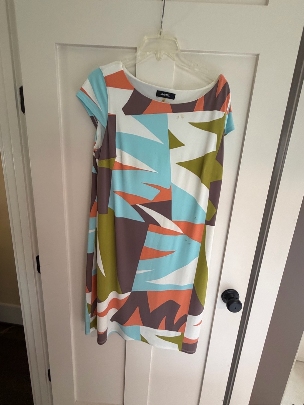 Nine West Abstract Cap Sleeve Mini Dress in White, Aqua, Olive & Rust